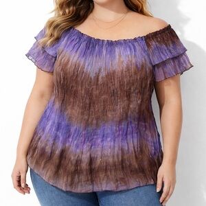 Serenade Purple & Brown Tie Dye Crinkle Blouse Top Size 3X Sheer Y2k